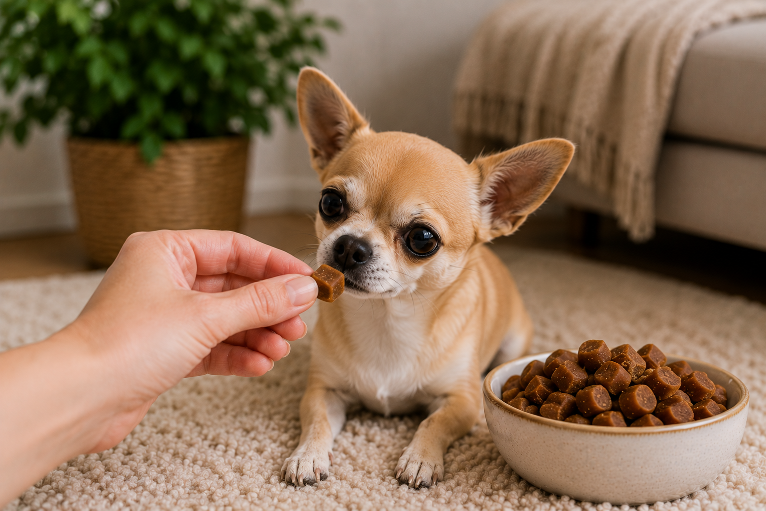 Chihuahua vor einem Napf mit weichen Happen aus Lachs und Geflügel und einem Snack in der Hand