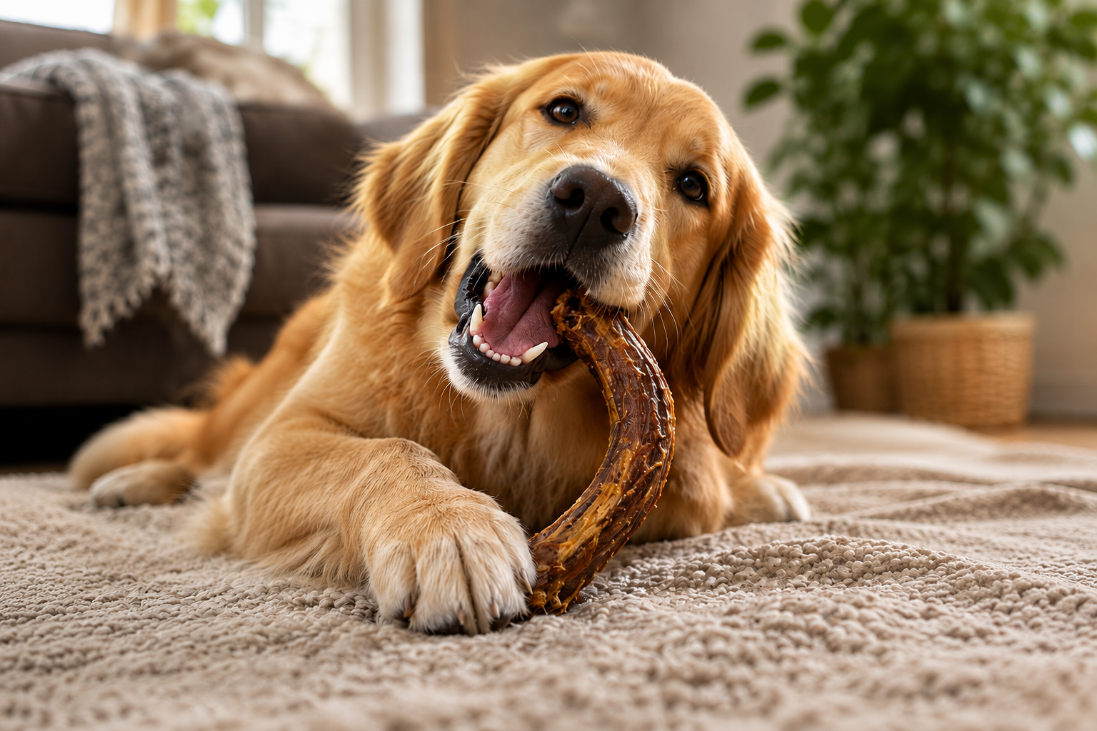 Hund kaut genüsslich einen getrockneten Gänsehals als natürlichen Kausnack